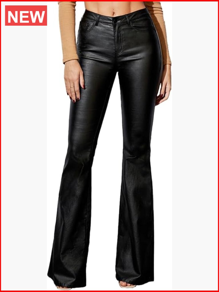 Faux Leather Coated Flare Pants Mid Waist Pu Leggings With Pockets